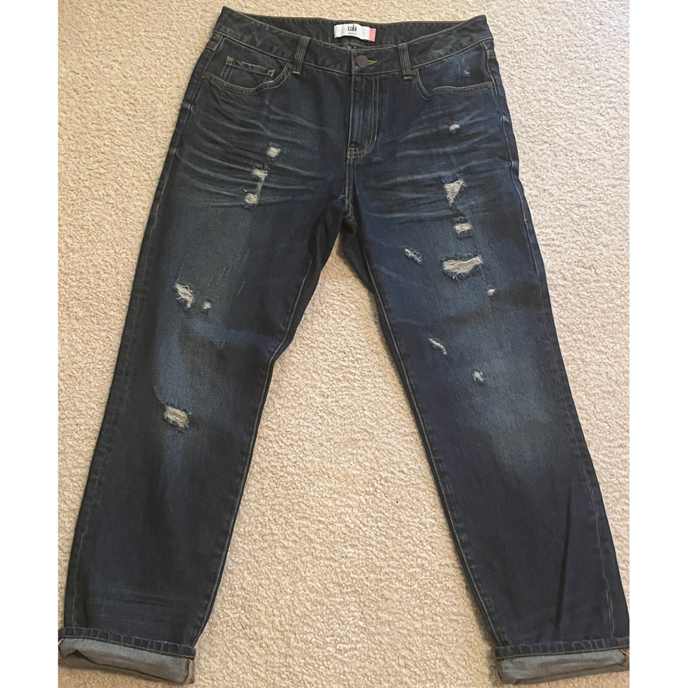 CAbi 100% BF Boyfriend Destroyed Blue Denim Jeans Women 6 Mid Rise Relaxed Fit